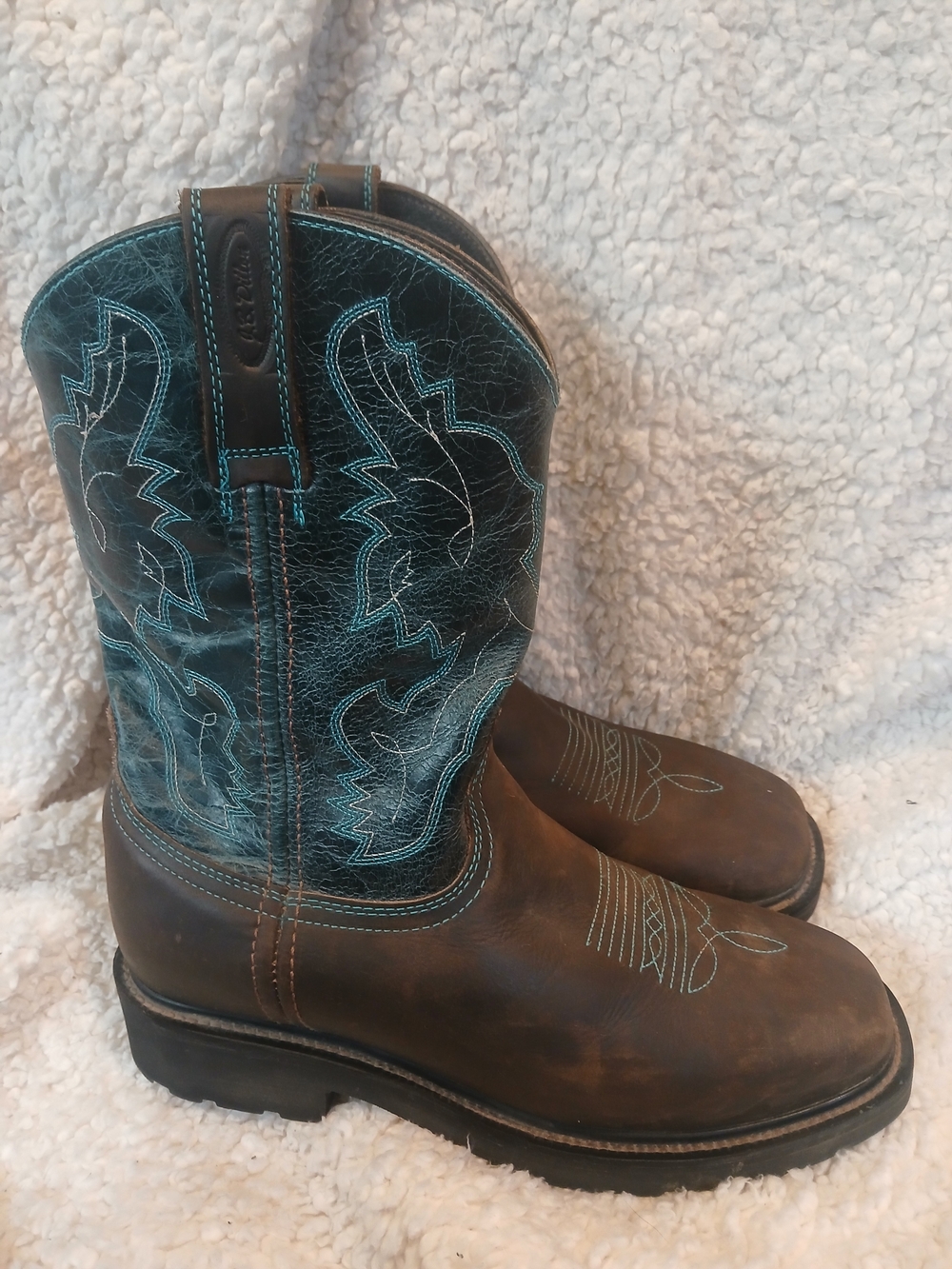 J.B. Dillon Brown Leather Cowboy Boots with Teal Stitching